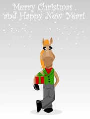 Забавный лошадь с настоящим, фон Рождество