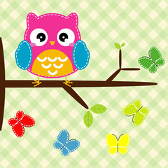 Owl on the tree branch with butterflies