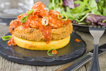 Crispy Polenta, Fishcake & Spicy Prawns