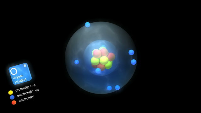 Oxygen atom, with element's symbol, number, mass and color