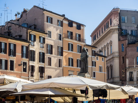 Giordano Bruno statue at Campo Dei Fiori square in Rome, Italy