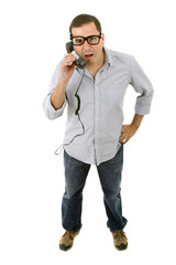 young man with a phone and glasses, isolated on white