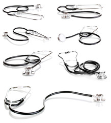 Collage of medical stethoscope isolated on white