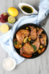 Homemade fried chicken drumsticks with vegetables