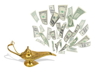 Money fly out of Aladdin's magic lamp