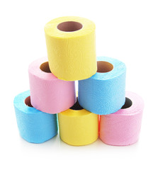 Colorful toilet paper rolls isolated on white