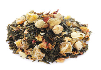 Heap of dry green tea isolated on white