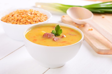 Pea soup in a white bowl