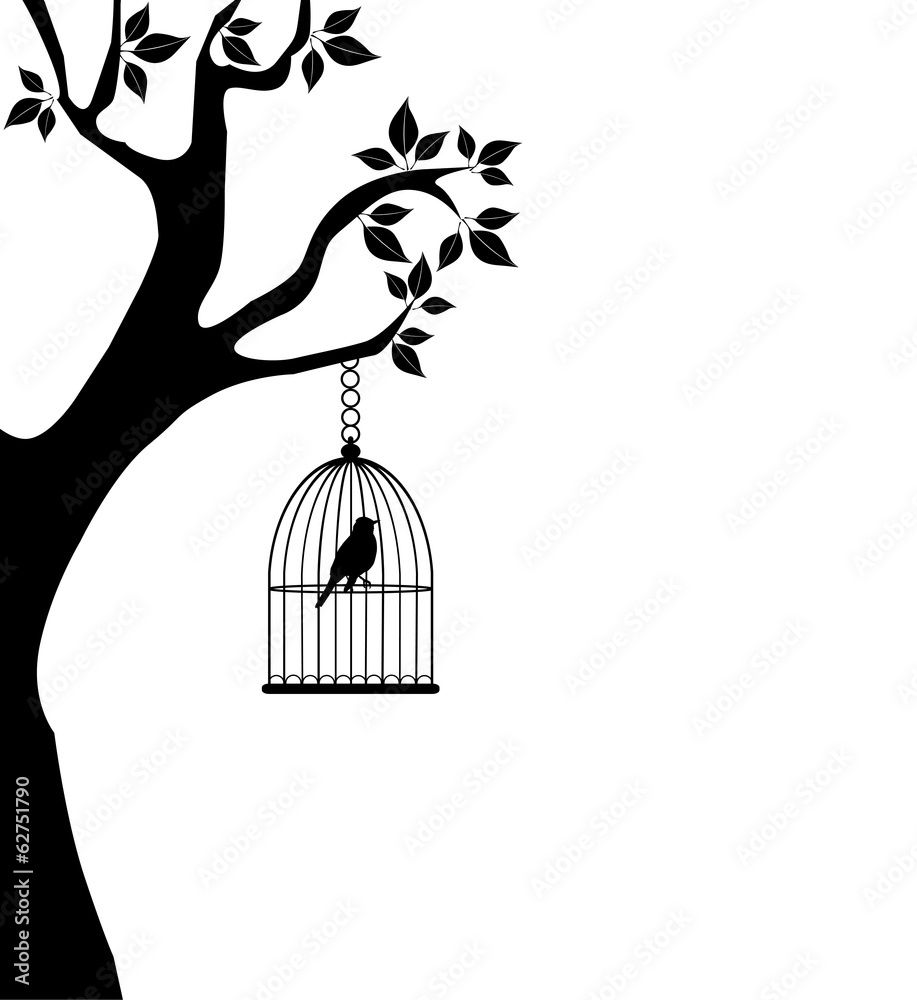 Sticker vector bird in a cage in the tree