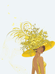 Portrait of a young woman in yellow hat decoration with flowers