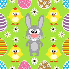 Seamless Easter  background card with rabbit and chickens