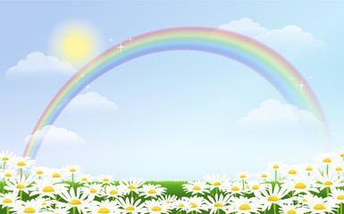 青空 虹 イースター 春　Rainbow and daisies against blue sky