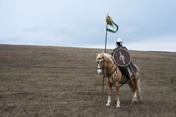 Anonymous ancient sarmatian horseman with spear in steppe