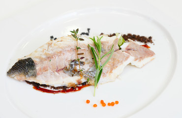 Steamed seabass fillet, close-up