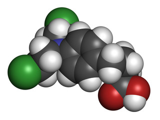 Chlorambucil leukemia drug molecule. Nitrogen mustard.