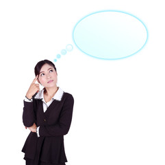 thinking business woman looking up on speech empty bubble