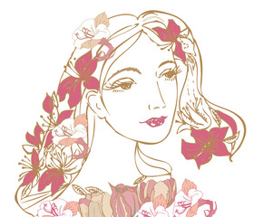 Woman with red flowers.Vector illustration