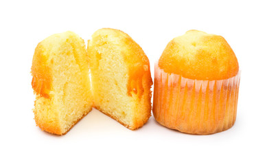 two golden cup cakes on a white background