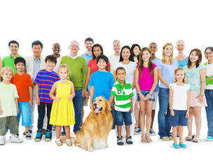 Group of Multi-Ethnic People And Golden Retriever Dog