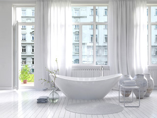 Sunny white bathroom interior with separate bathtub