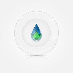 White plate with blue drop and green leaves