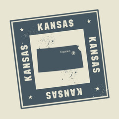 Grunge rubber stamp with name and map of Kansas, USA