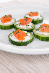 Delicious canapes on plate close-up