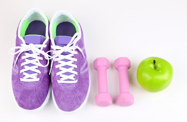 Sneakers and sport equipment. Conceptual photo of fitness