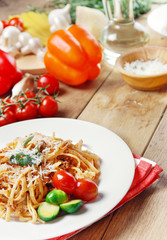 Pasta bolognese on the wooden table