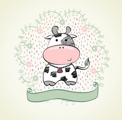 Cute babies hand draw card  with cow