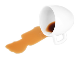 Overturned cup of coffee isolated on white