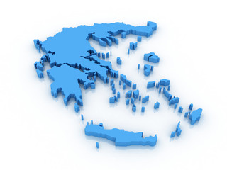 Three-dimensional map of Greece on white isolated background. 3d