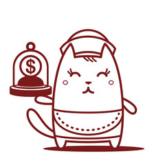 Character waiter in uniform, apron  and hat line art