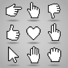 Pixel cursors icons: hand, arrow and heart. Vector illustration.