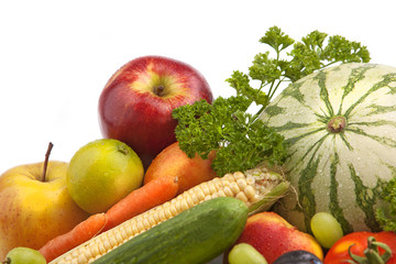 Organic fruit and vegetables with water drops