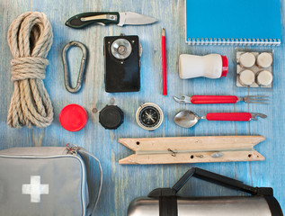 travel kit modern traveler scout on blue backpacking - 62778506