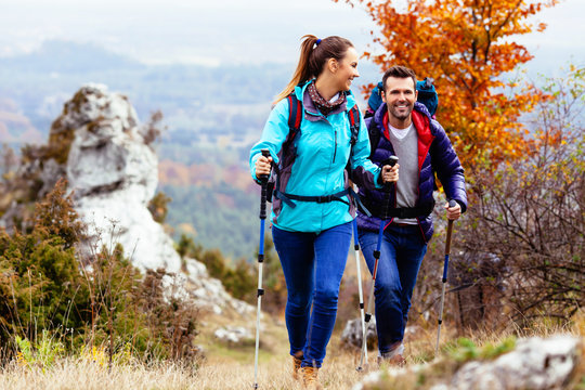 Happy couple hiking