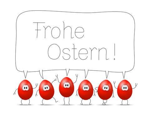 Lustige rote Comic-Eier mit Sprechblase "Frohe Ostern!"