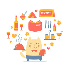 Character waiter uniform and bow tie colorful flat composition o