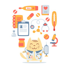 Character doctor in medical coat with a stethoscope colorful fla
