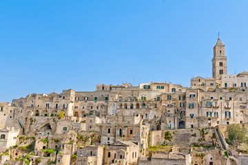 panoramic view of tipical stones and church of Matera