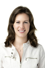Brunette woman with white leather jacket
