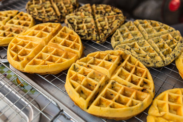 Freshly baked waffles in the market
