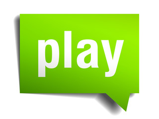 Play green 3d realistic paper speech bubble isolated on white