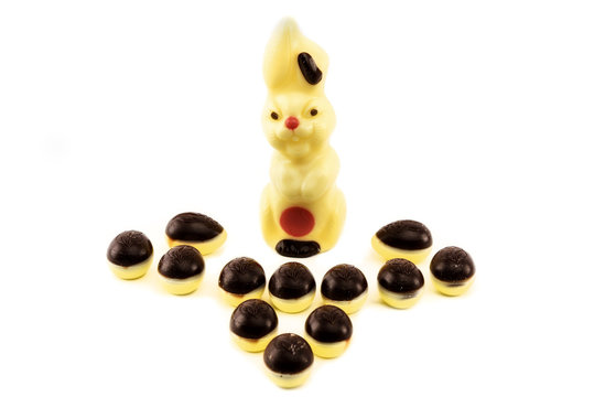 Easter eggs and easter bunny made of chocolate