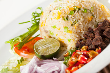 Thai rice, Thai style fried rice with beef herb spices and lime