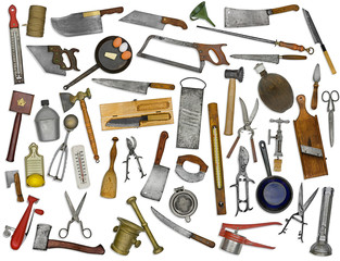 vintage kitchen utensils collage over white