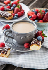Cup of coffee and chocolate eclairs