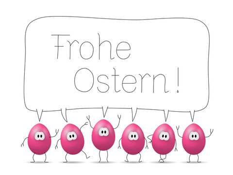 Lustige pinke Comic-Eier mit Sprechblase "Frohe Ostern!"