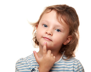 Smart kid girl thinking and holding finger under the face